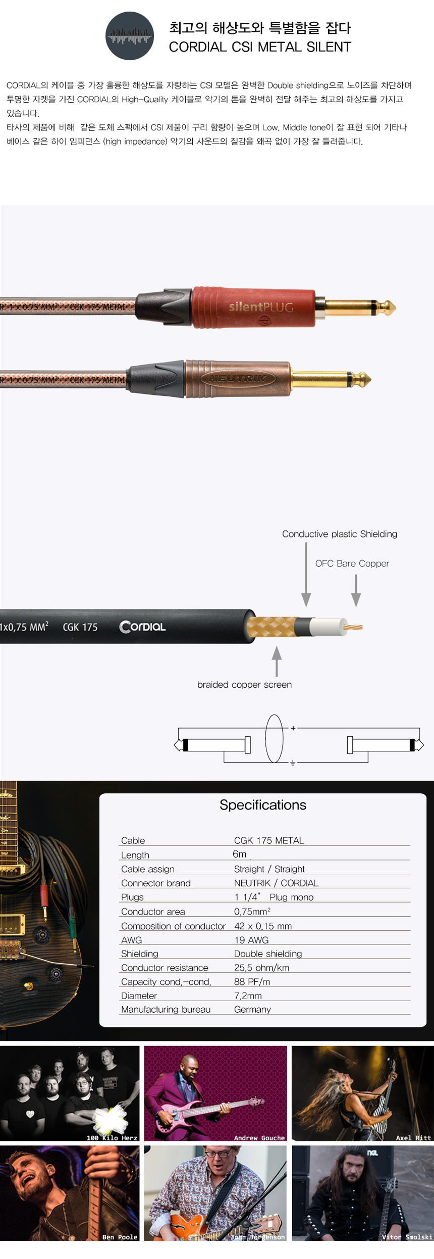 악기 OOmt217 일렉기타 베이스케이블 6m Metal/케이블/음향케이블/연주용케이블/기타케이블/음향잭/기타연