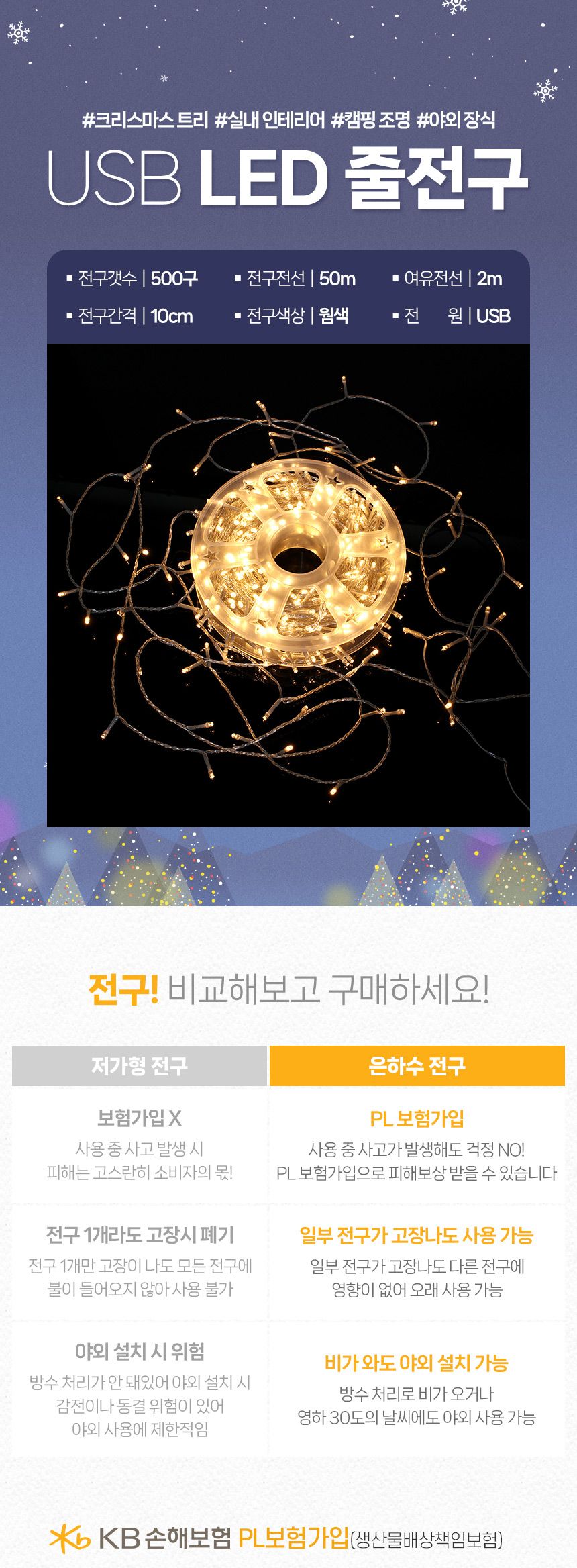 은하수 LED 500구 투명선 USB 줄전구 50m 웜색 리모컨포함/전구/장식용전구/인테리어전구/방꾸미기/파티룸