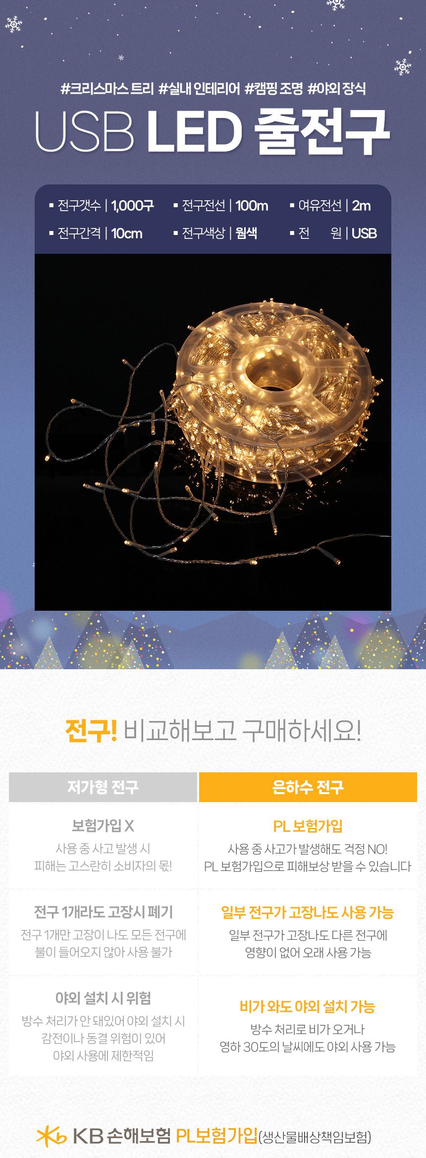 은하수 LED 1000구 투명선 USB 줄전구 100m 웜색 리모컨포함/전구/장식용전구/인테리어전구/방꾸미기/파티