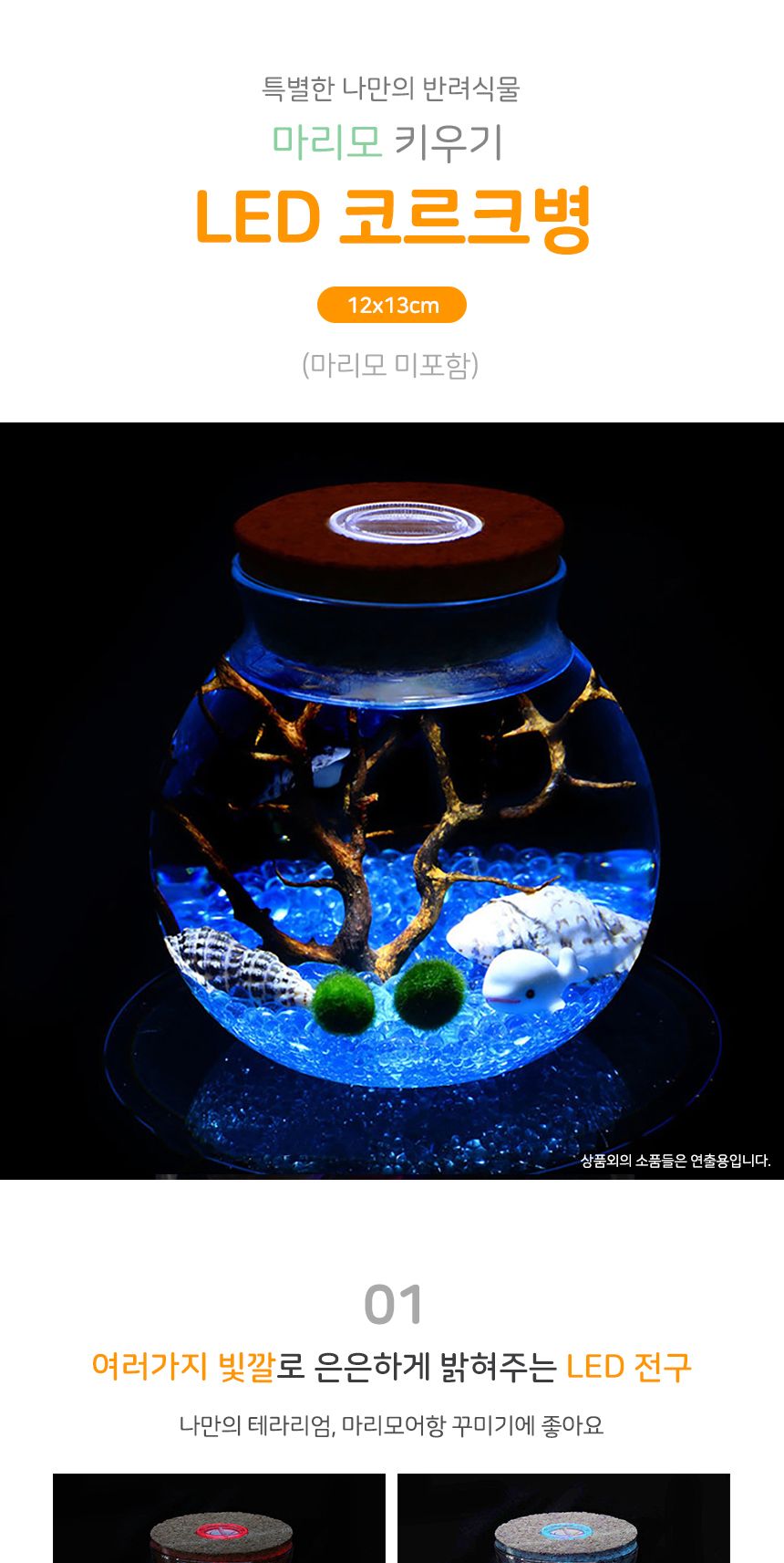 마리모 키우기 LED 코르크 유리병(12x13cm)/마리모/마리모키우기/식물키우기/LED유리병마리모/반려식물/식