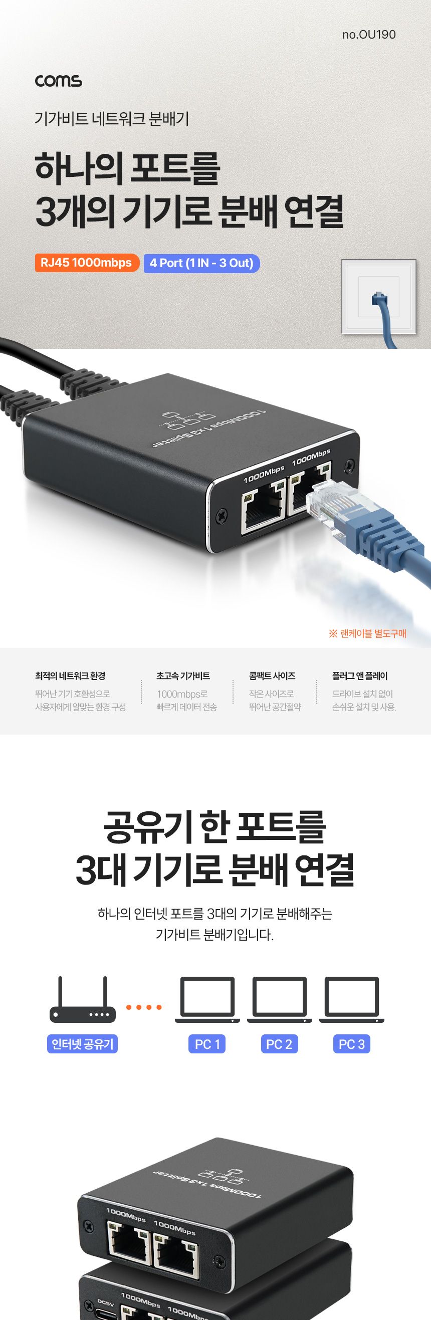Coms 기가비트 네트워크 분배기 스플리터 RJ45 4포트/초고속기가비트분배기/인터넷포트분배기/네트워크분배