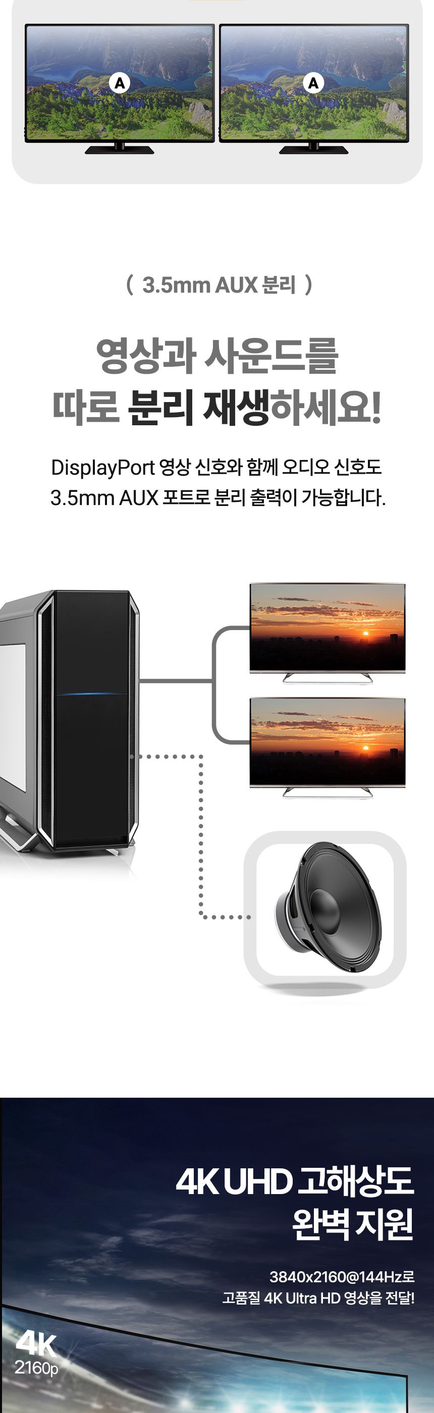 Coms 디스플레이포트 1x2 분배기 UHD 4K 144Hz/DP분배기/모니터분배기/디스플레이포트모니터분배기/디스플