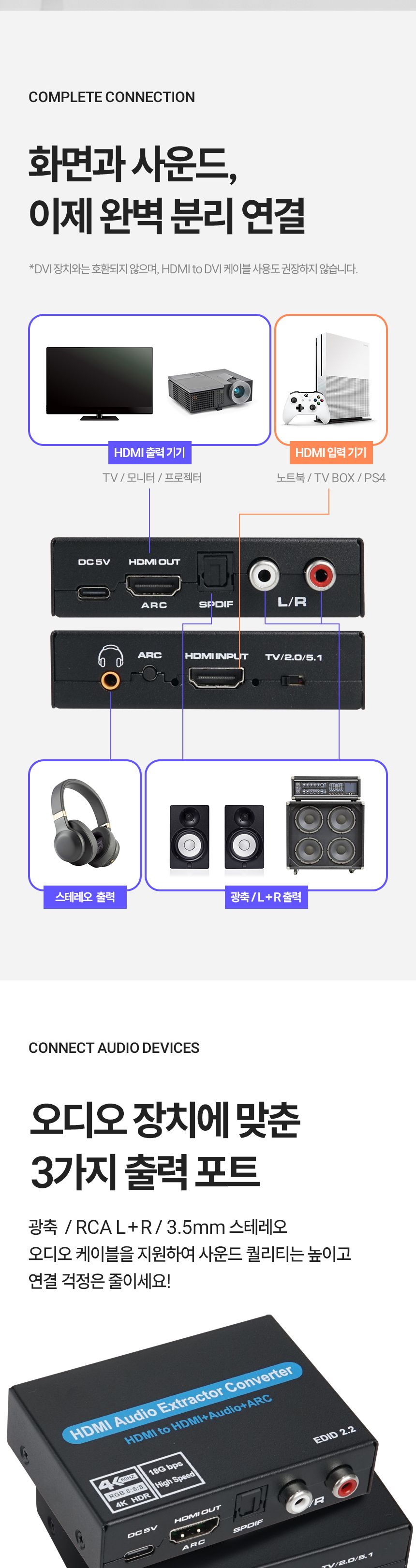 Coms 4K HDMI 오디오 추출기 UHD ARC/영상손실방지오디오출력기/오디오분리기/오디오추출/HDMI오디오추출기