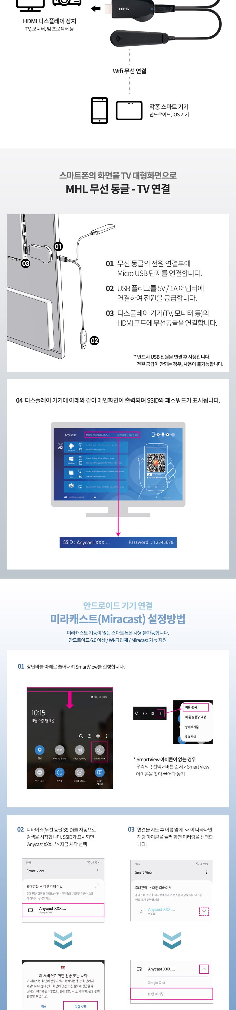 Coms 4K 스마트폰 무선 MHL 동글 미러링 휴대용 Miracast AirPlay 3840x2160 30Hz 지원 미라캐스트/네트워