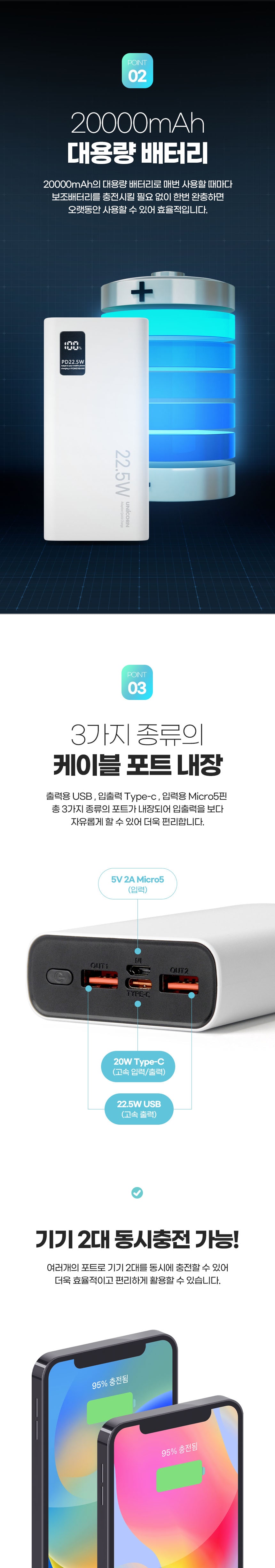 유니콘 대용량보조배터리 20000mAh C타입 PD3.0 고속/보조배터리/고속충전배터리/대용량배터리/대용량보조