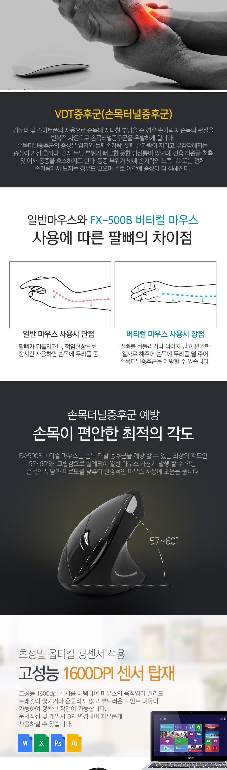 유니콘 FX-500B 인체공학 버티컬 무선마우스/버티컬마우스/버티컬무선마우스/무선마우스/인체공학마우스/손