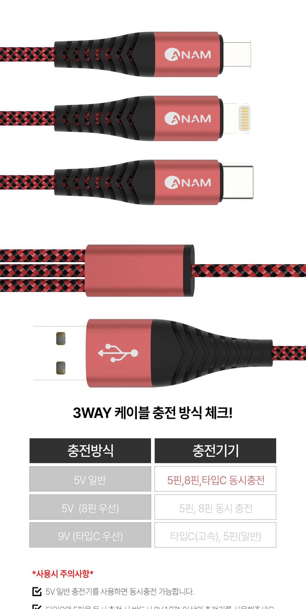 아남 USB to 3in1 충전케이블 2M 급속충전 멀티충전선/케이블/멀티선/멀티케이블/3IN1케이블/고속케이블/고