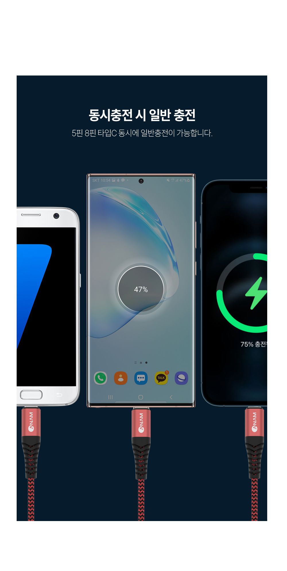 아남 USB to 3in1 충전케이블 2M 급속충전 멀티충전선/케이블/멀티선/멀티케이블/3IN1케이블/고속케이블/고