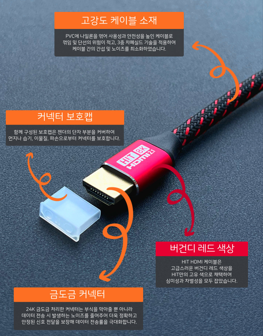 HIT Ultra HDMI 2.1 CABLE 버건디컬러 8K 케이블 5m/HDMI/HDMI케이블/HDMI선/모니터케이블/노트북용케이블/