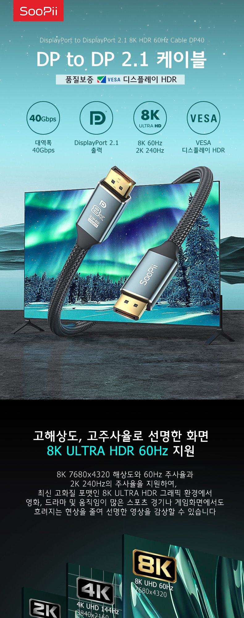 Soopii VESA 8K 40Gbps DP to DP 2.1 케이블 DP40 1m/DP케이블/DP영상선/HDMI/HDMI케이블/HDMI선/모니터케