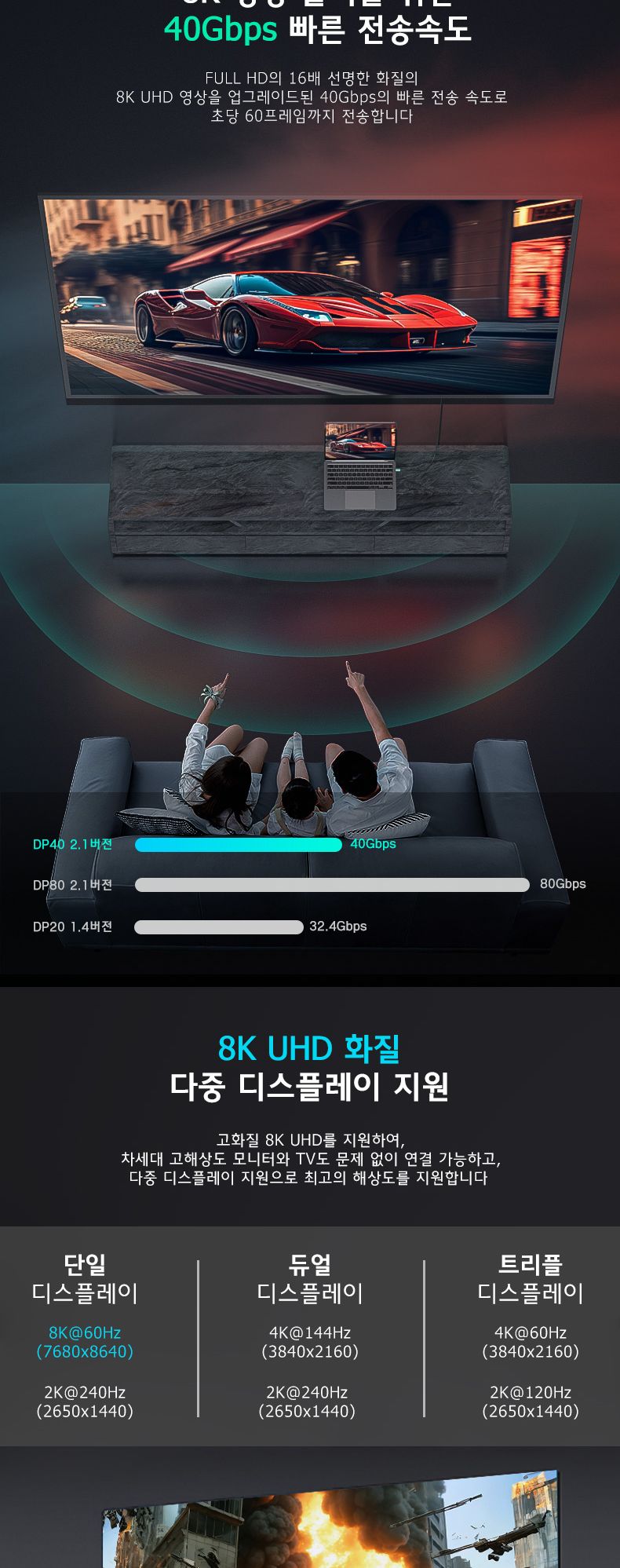 Soopii VESA 8K 40Gbps DP to DP 2.1 케이블 DP40 1m/DP케이블/DP영상선/HDMI/HDMI케이블/HDMI선/모니터케