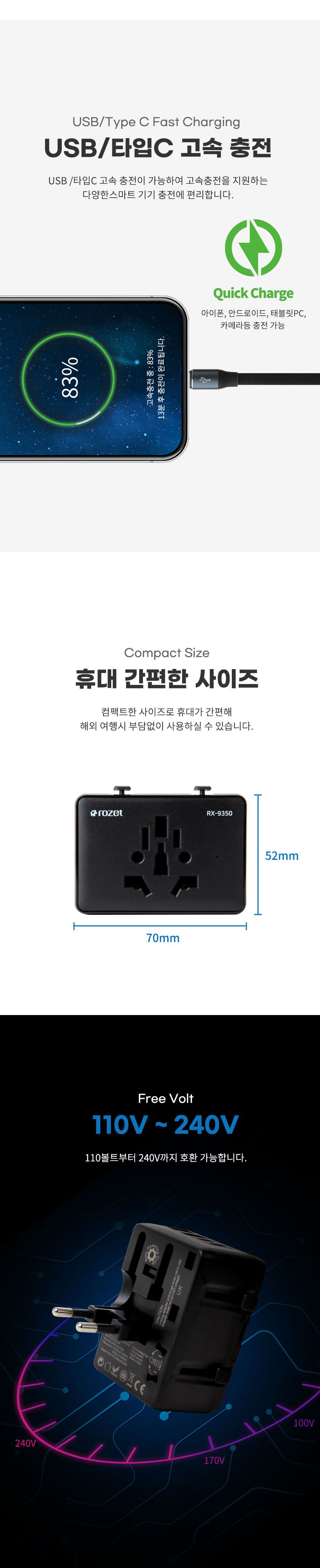 rozet C타입 USB 여행용 멀티 전세계어댑터 RX-9350/어댑터/아답타/멀티어댑터/멀티아답타/해외용변환젠더/