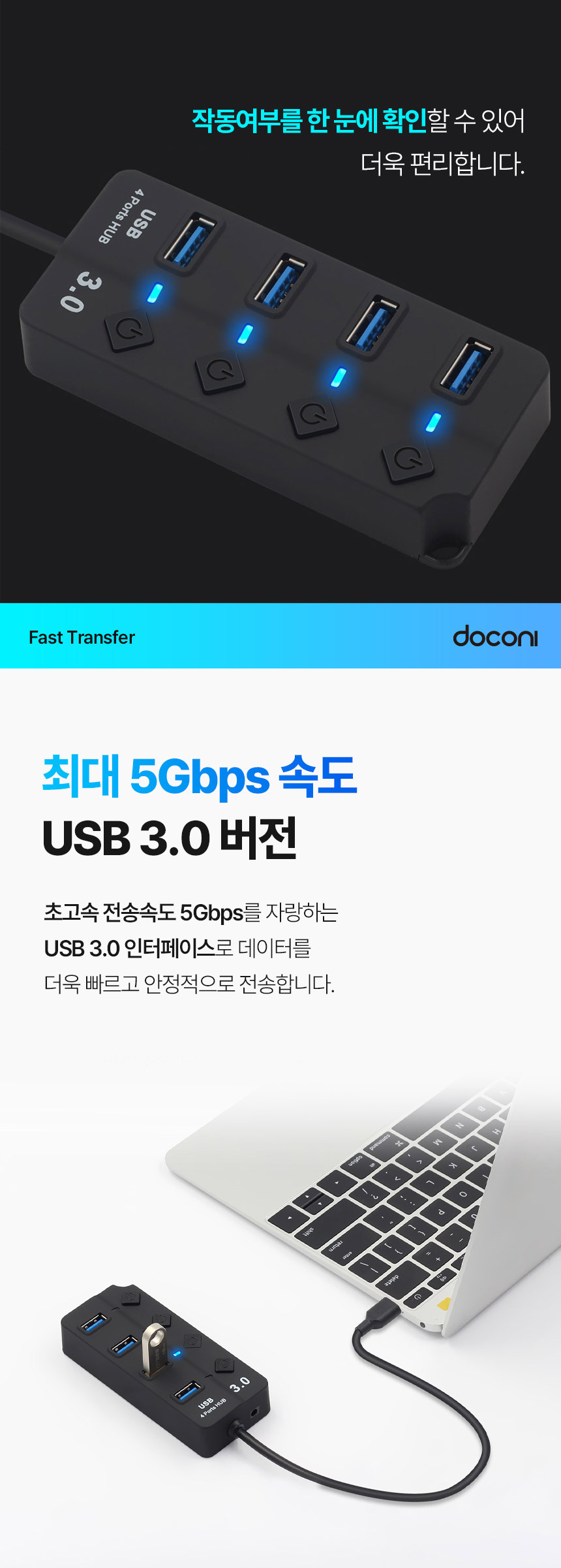 도코니 USB 3.0 4포트 허브/허브/USB포트/USB허브/네트워크/인터넷허브/랜허브/랜케이블/랜선허브/스위칭허