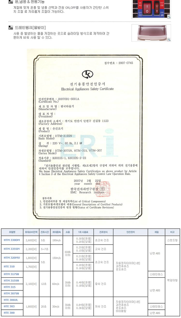 음이온 핸드드라이어 HTM-315SN/화장실핸드드라이/고속핸드드라이/초고속핸드드라이/욕실부착핸드드라이/벽