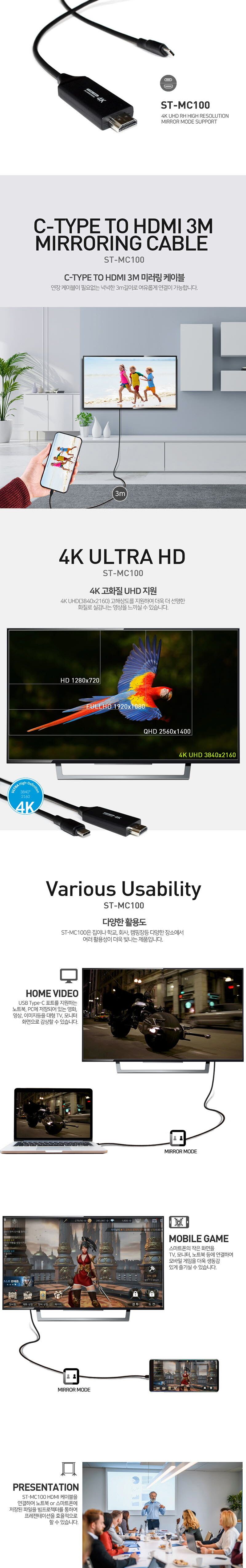 스마텍 C타입미러링케이블 ST-MC100 3M 4K HDMI/케이블/C형케이블/미러케이블/미러링/미러링케이블/C형미러