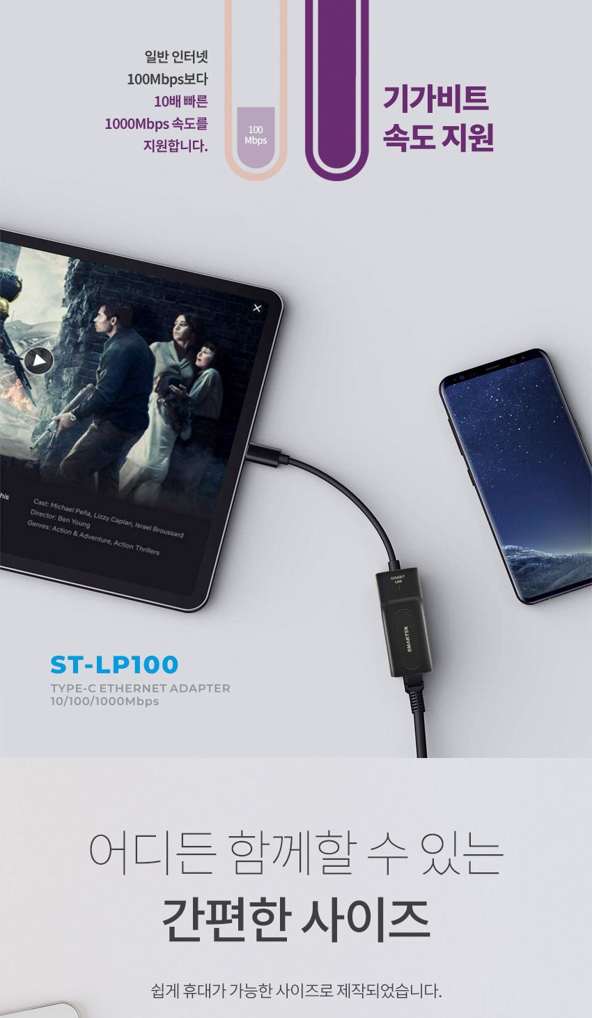 스마텍 C타입 랜포트 ST-LP100 컴팩트사이즈 MDIX감지/허브/휴대용허브/멀티허브/C타입멀티허브/멀티포트허