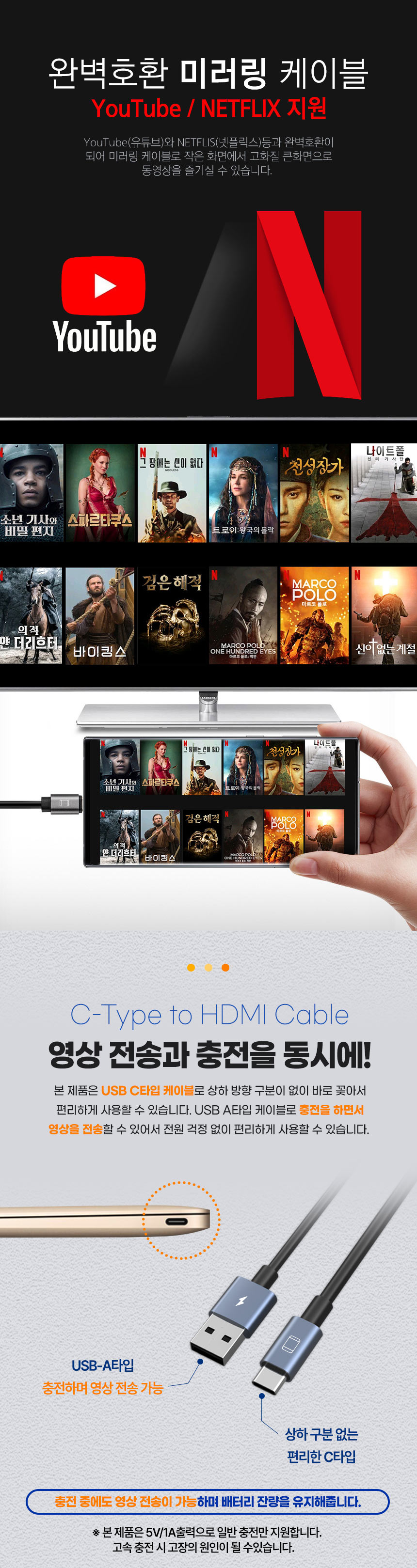 유니콘 USB C타입 to HDMI 미러링케이블 TM-MHL-9600C/미러링/미러케이블/화면미러링/화면전송/스마트미러