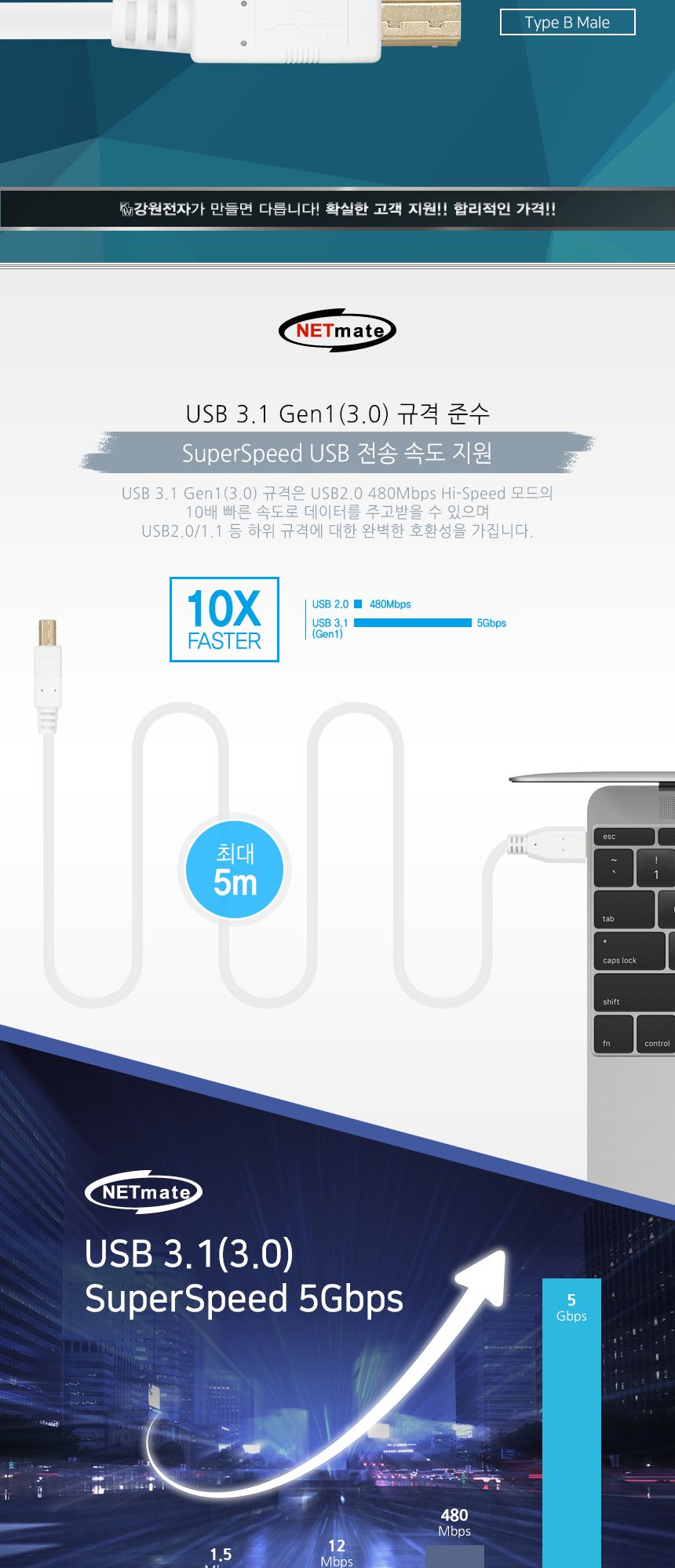 NM USB3.0 AM-BM 케이블 1m (화이트)/케이블/프린터케이블/출력용케이블/스캐너케이블/복합기케이블/프린터