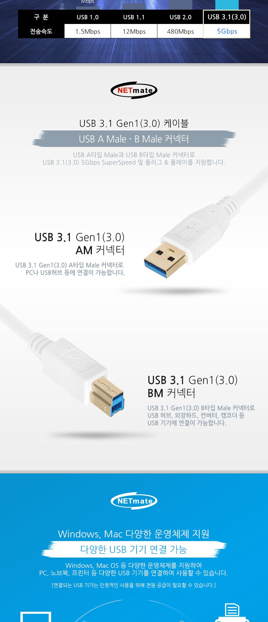 NM USB3.0 AM-BM 케이블 1m (화이트)/케이블/프린터케이블/출력용케이블/스캐너케이블/복합기케이블/프린터