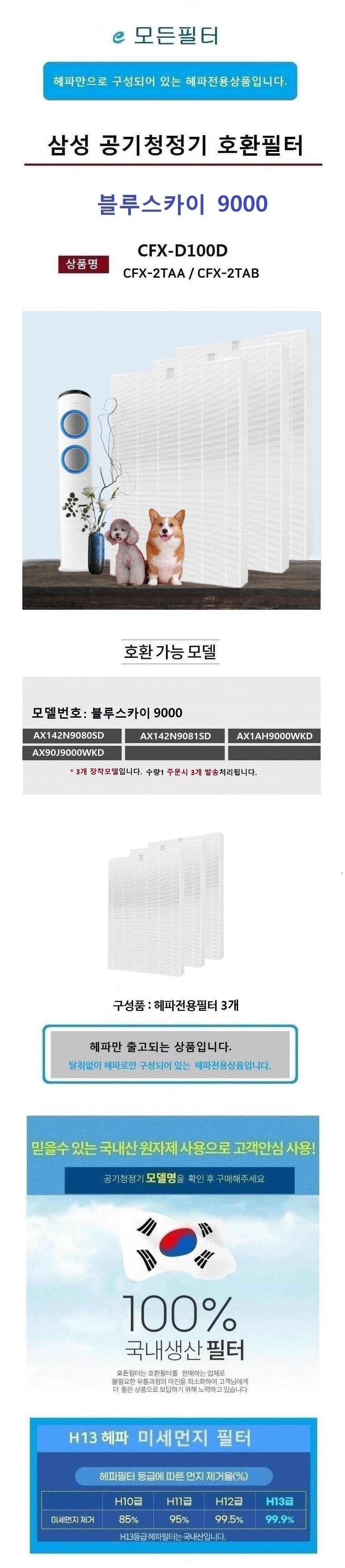 국산 삼성호환 헤파전용3P AX142N9080SD 블루스카이90/삼성공기청정기/삼성필터/삼성청정기필터/청정기필터