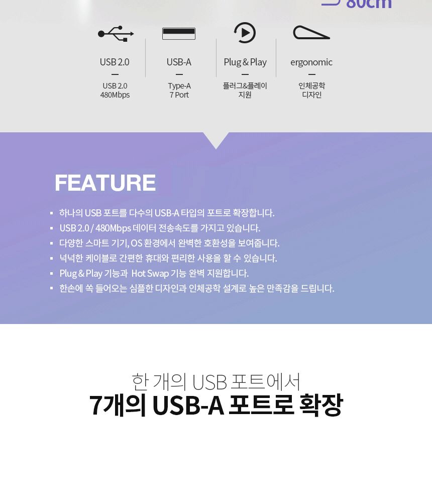 충전허브/USB포트연장/USB멀티충전기/포트확장/USB분배기/HUB/무전원/7포트확장/USBHUB/USB허브케이블/USB