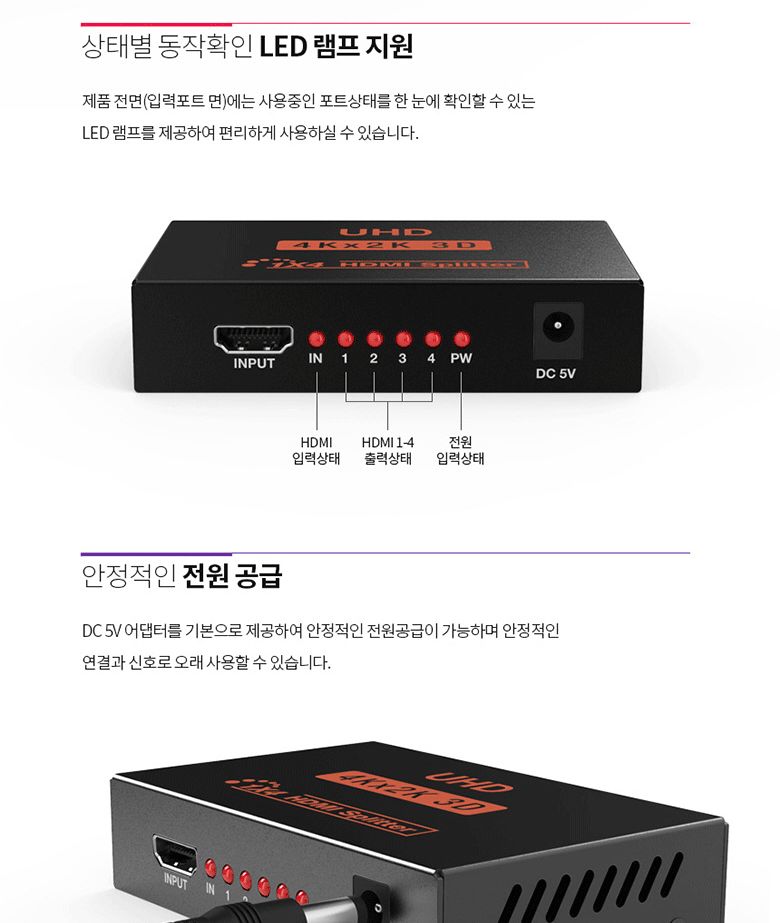 UHD HDMI 4포트 모니터 분배기 멀티 영상 빔프로젝트/HDMI스플릿터/4분배/상태LED/셋탑박스/TV/HDMI분배기/