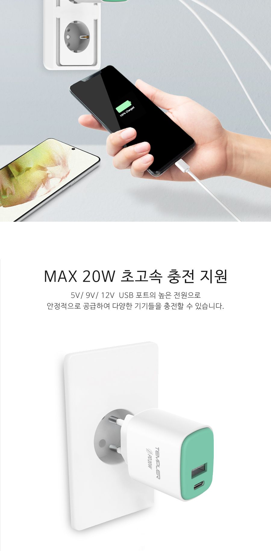 템플러 PD20W 2포트 가정용 충전기 (CtoC케이블 포함)/충전기/고속충전기/초고속충전기/여행용충전기/폰충