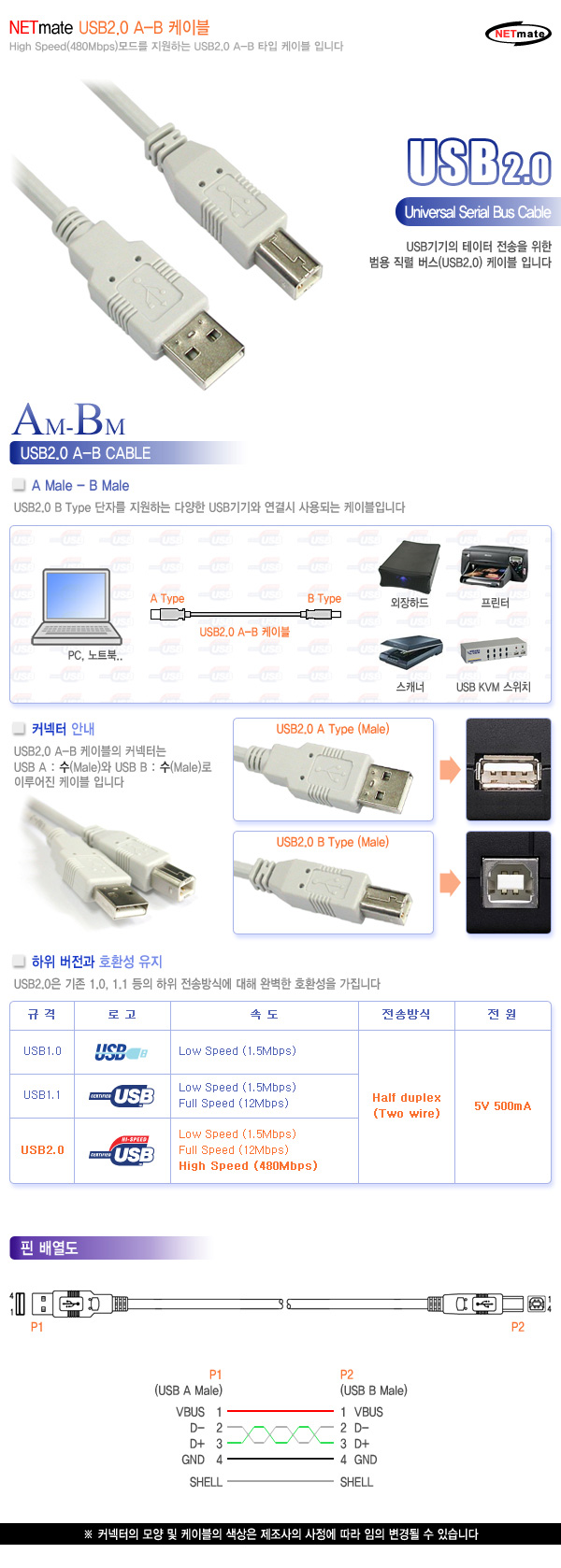 컴퓨터와 프린터 외장하드 등 연결 케이블 USB 7M/케이블/컴퓨터케이블/외장하드케이블/외장하드연결케이블