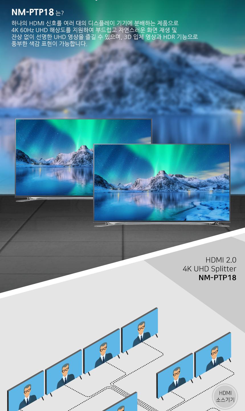 HDMI 2.0 1대8 분배기 4K 60Hz/모니터분배기/비디오선택기/디스플레이선택기/모니터선택기/PC모니터선택기/