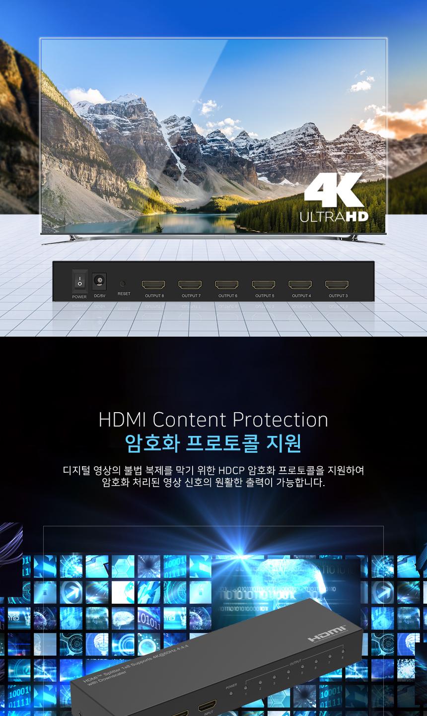 HDMI 2.0 1대8 분배기 4K 60Hz/모니터분배기/비디오선택기/디스플레이선택기/모니터선택기/PC모니터선택기/