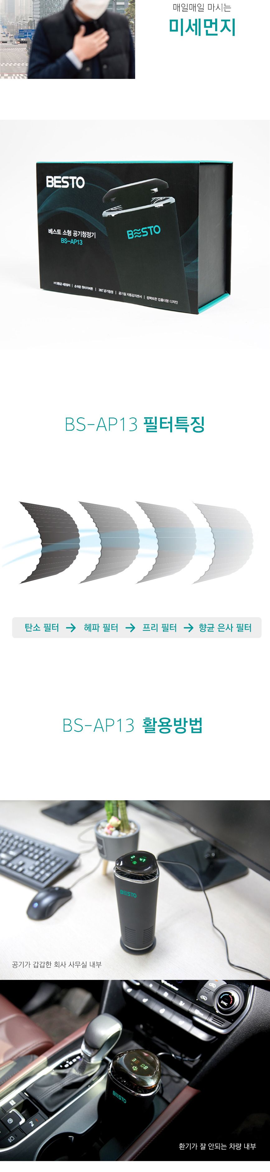 베스토 소형 공기청정기 BS-AP13 DC5V 1A (1EA)/공기청정기/휴대용공기청정기/차량용/실내용/가정용/사무실